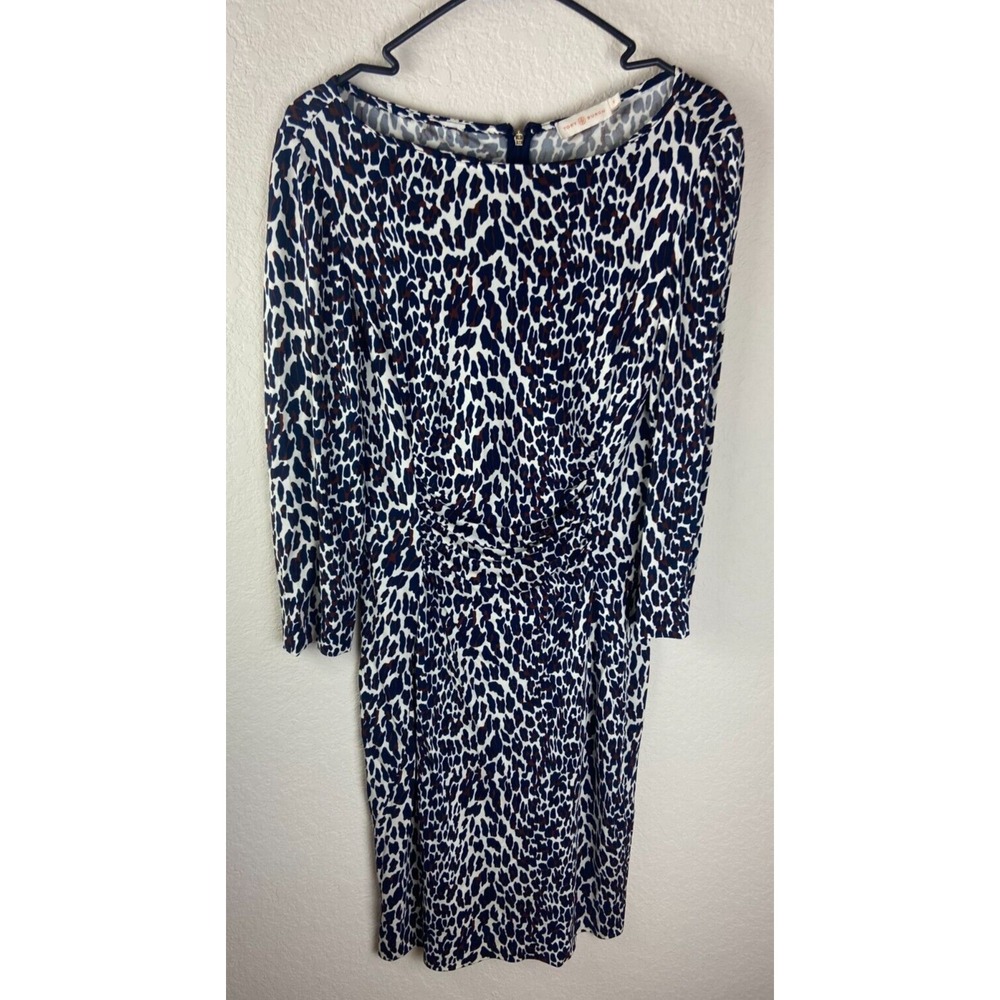Tory Burch Womens Dress White Navy Size Small Leopard Animal Print Ruched Back